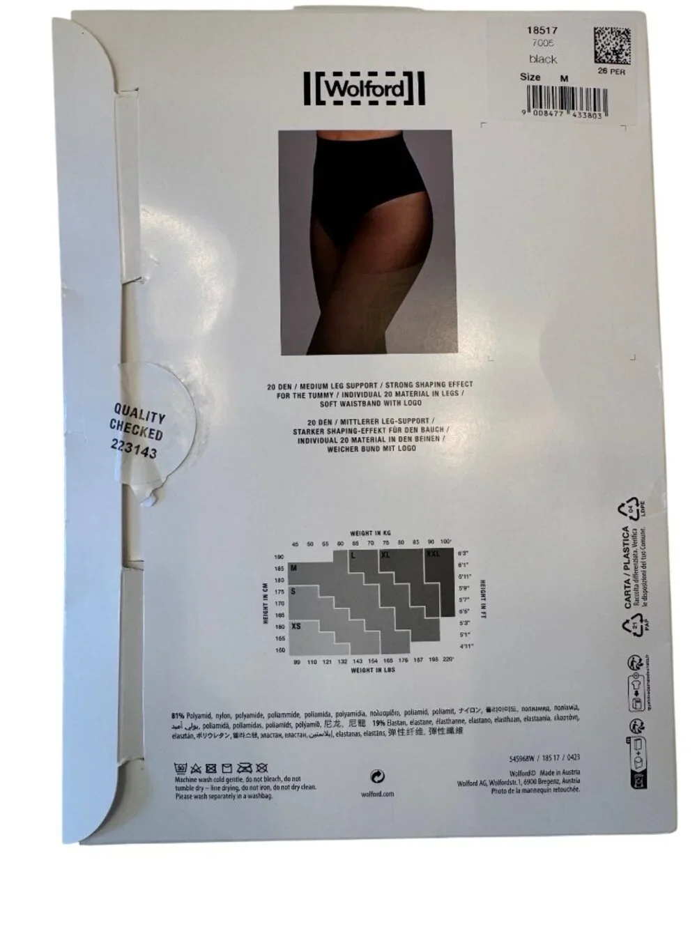 Wilford Tummy 20 Control Top Tights Size Medium Black NWB 18517